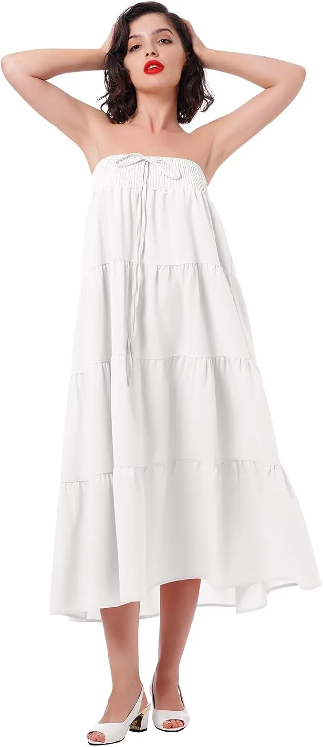 IWEMEK Women Boho Elastic Waist A Line Ruffle Beach Convertible Maxi Skirt Dress Tired Pleated Drawstring Chiffon Long Skirts