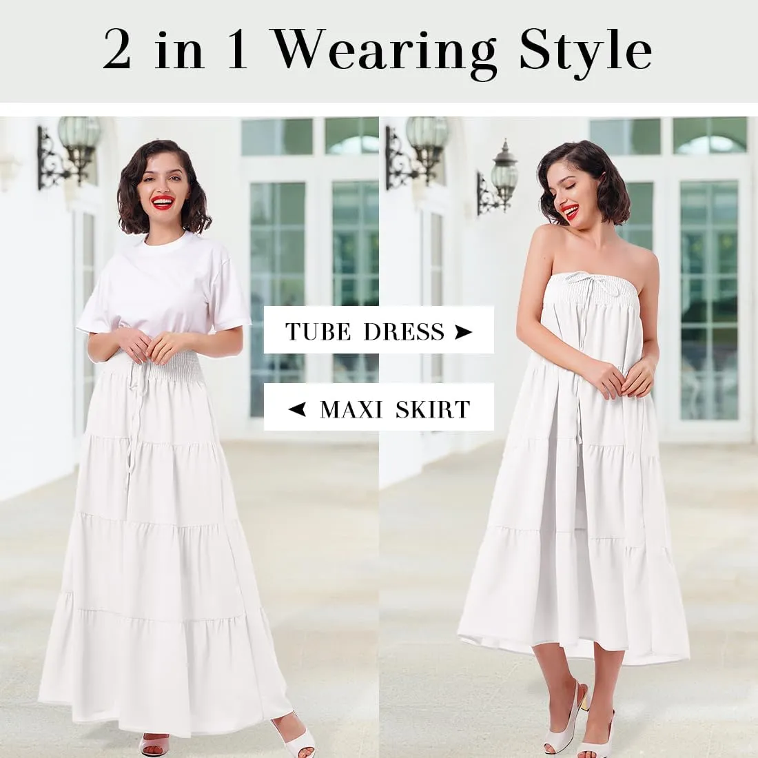 IWEMEK Women Boho Elastic Waist A Line Ruffle Beach Convertible Maxi Skirt Dress Tired Pleated Drawstring Chiffon Long Skirts