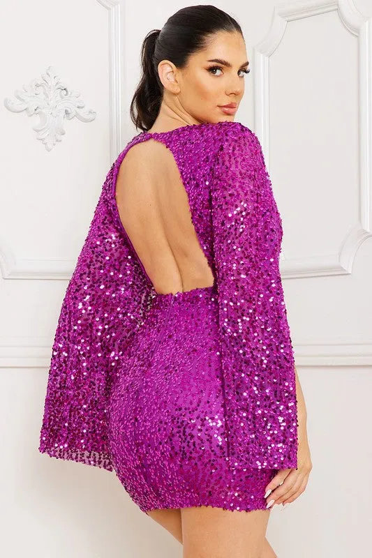 Magenta Sequin Bell Sleeve Mini Dress