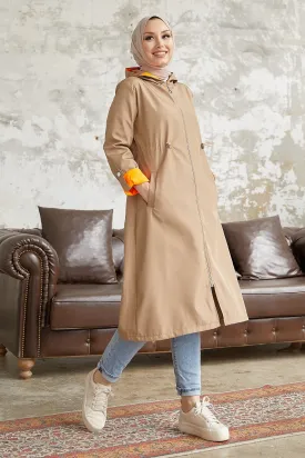 MDS Women Waist Ruffled Hooded Neon Trench Coat - Beige \ Orange - Tiraspol