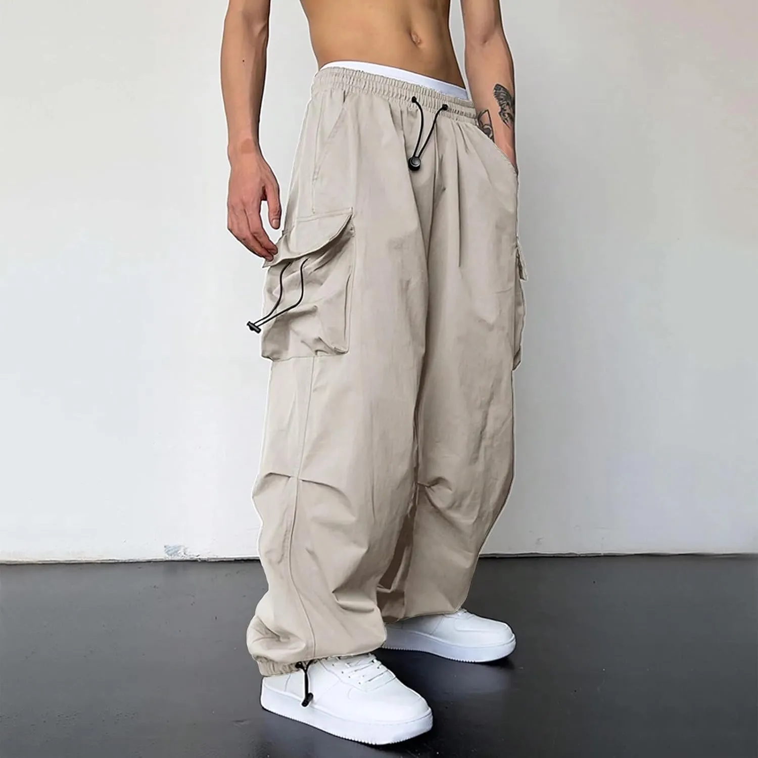 Mens Baggy Cargo Pants Casual Parachute Pants Drawstring Workout Athletic Sweatpants Plus Size Loose Harem Joggers