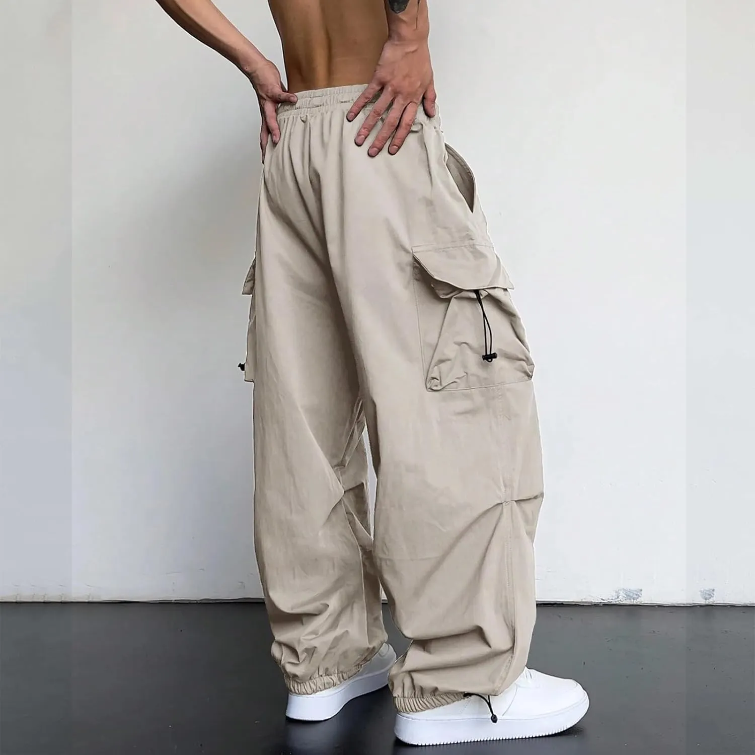 Mens Baggy Cargo Pants Casual Parachute Pants Drawstring Workout Athletic Sweatpants Plus Size Loose Harem Joggers
