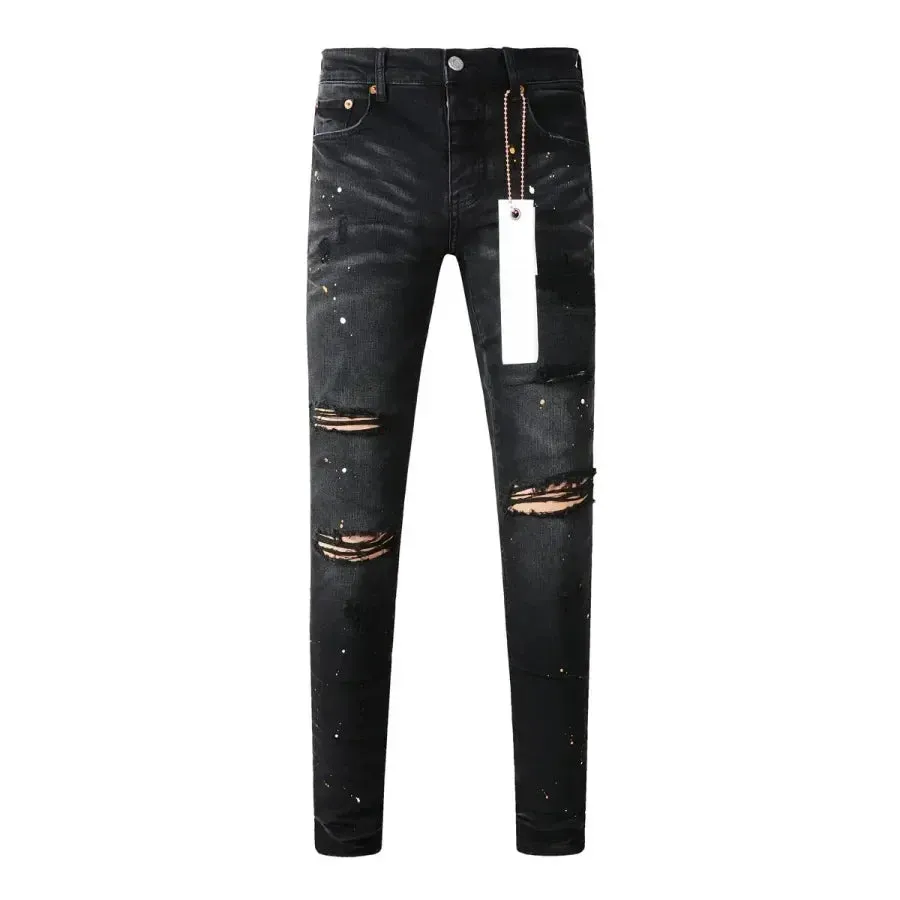 Men’s High-Quality Purple Ripped Jeans – American High Street Retro Straight-Leg Patch Denim