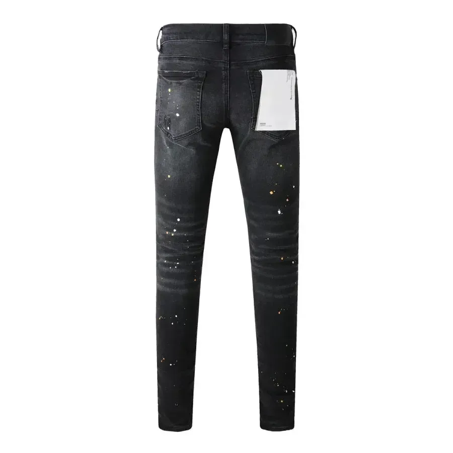 Men’s High-Quality Purple Ripped Jeans – American High Street Retro Straight-Leg Patch Denim