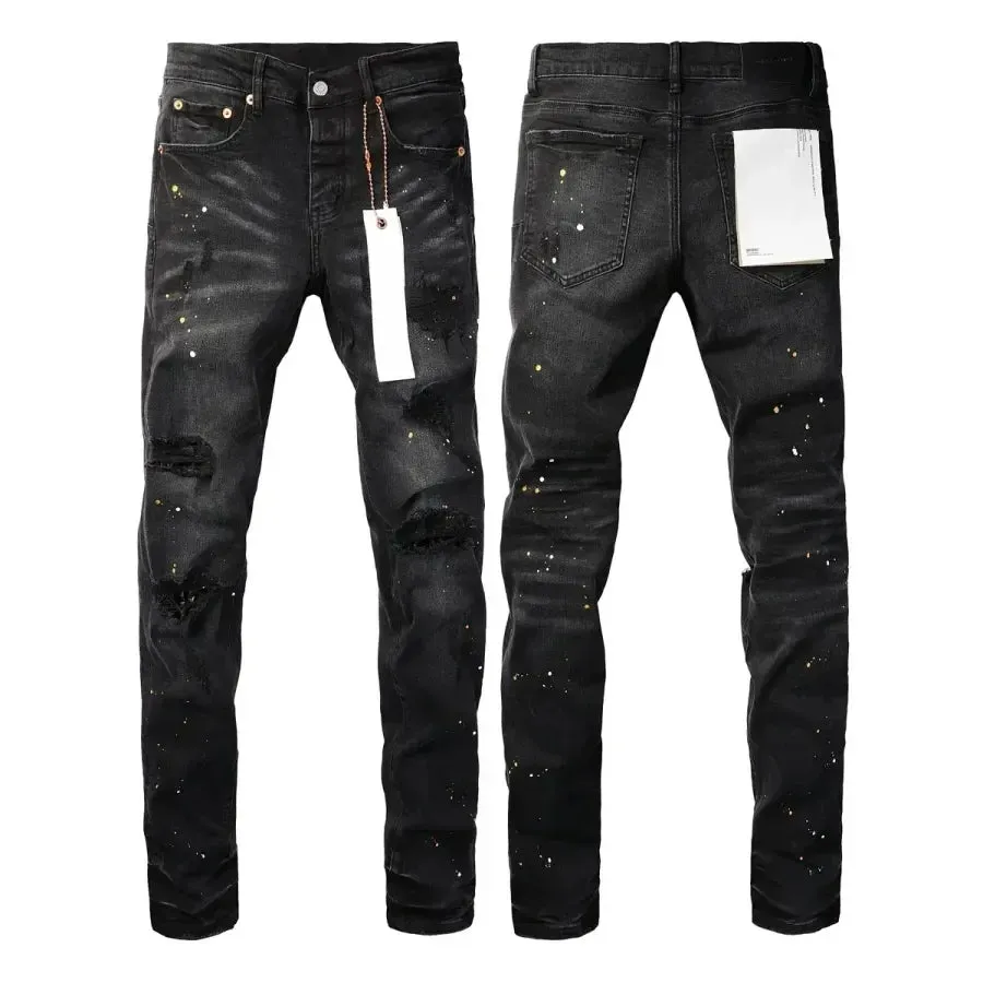 Men’s High-Quality Purple Ripped Jeans – American High Street Retro Straight-Leg Patch Denim