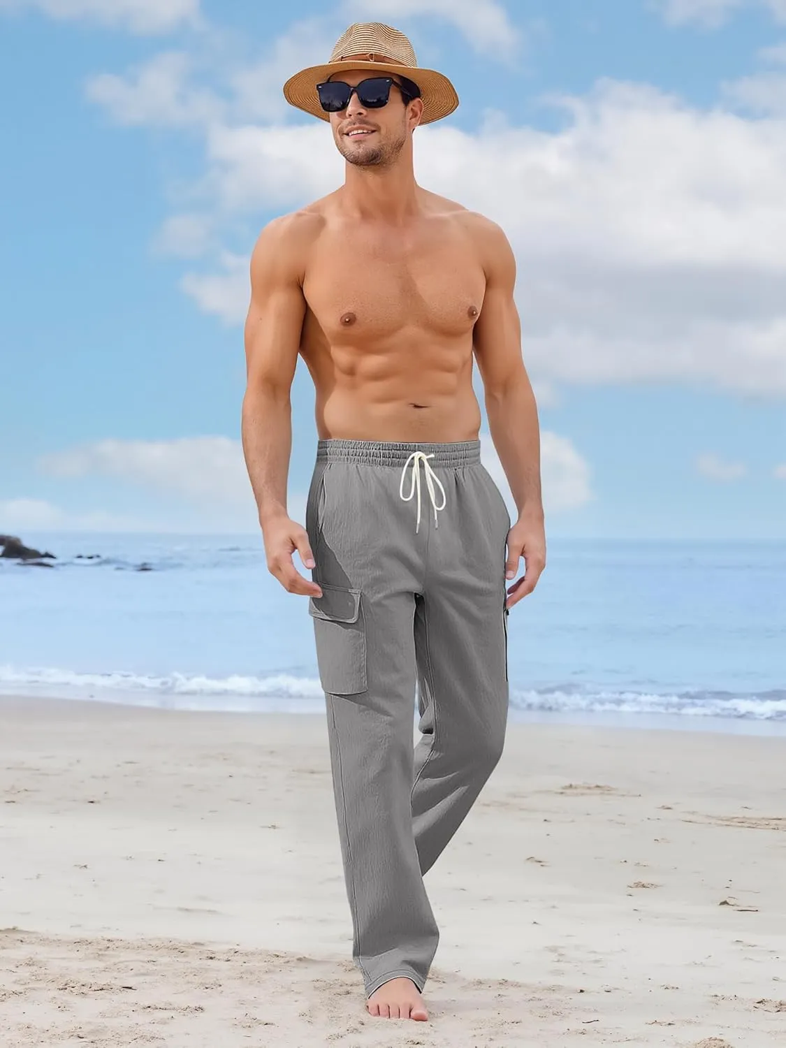 Mens Linen Pants Casual Summer Beach Pants Lightweight Drawstring Yoga Trousers Vacation Cargo Pants with Pockets
