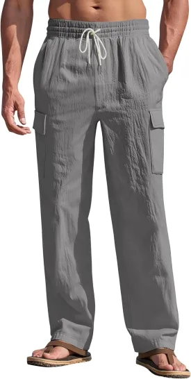 Mens Linen Pants Casual Summer Beach Pants Lightweight Drawstring Yoga Trousers Vacation Cargo Pants with Pockets