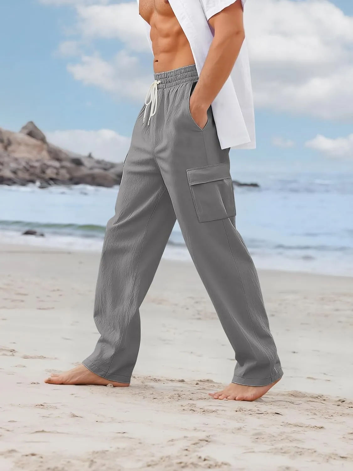 Mens Linen Pants Casual Summer Beach Pants Lightweight Drawstring Yoga Trousers Vacation Cargo Pants with Pockets
