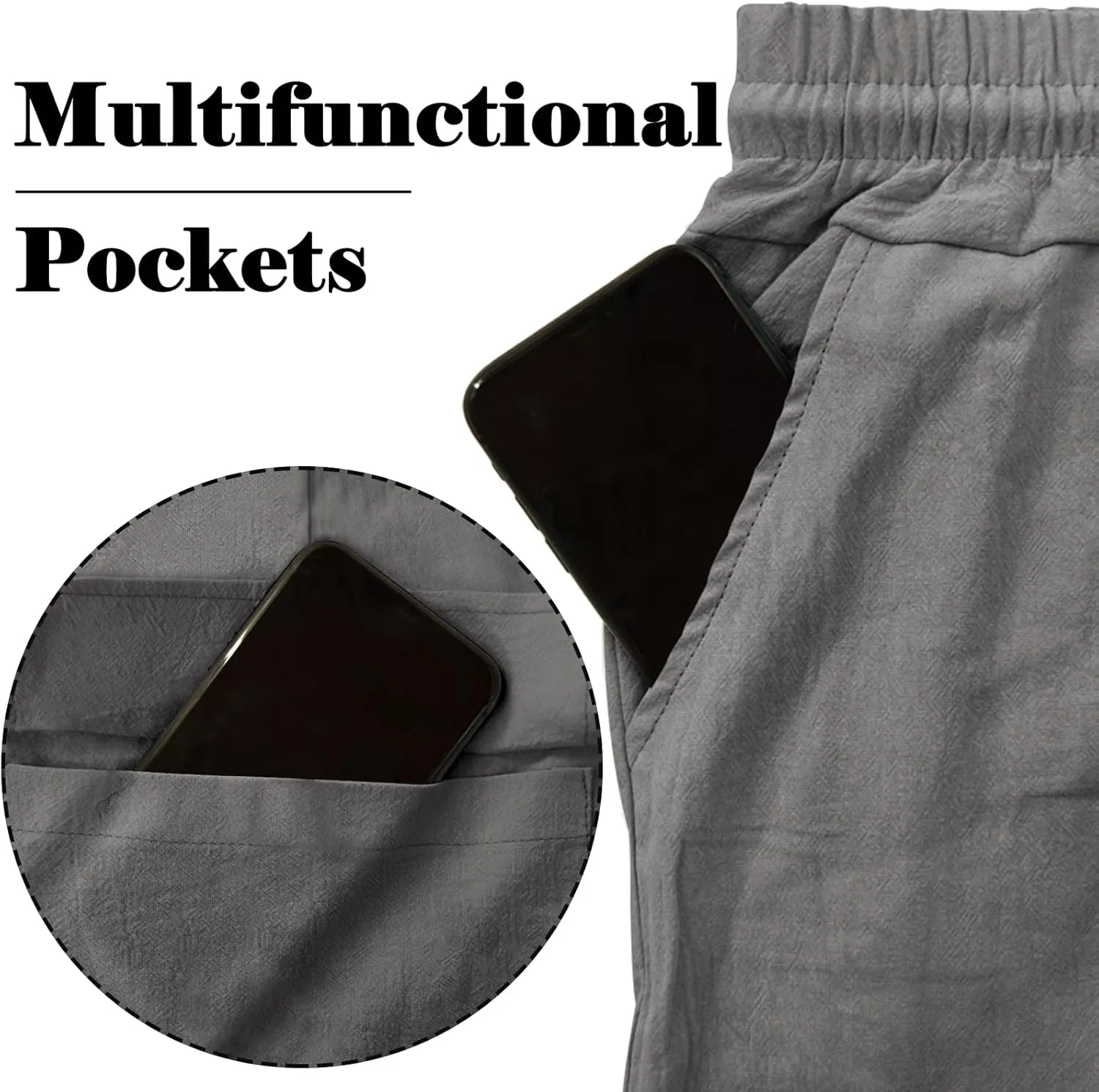 Mens Linen Pants Casual Summer Beach Pants Lightweight Drawstring Yoga Trousers Vacation Cargo Pants with Pockets