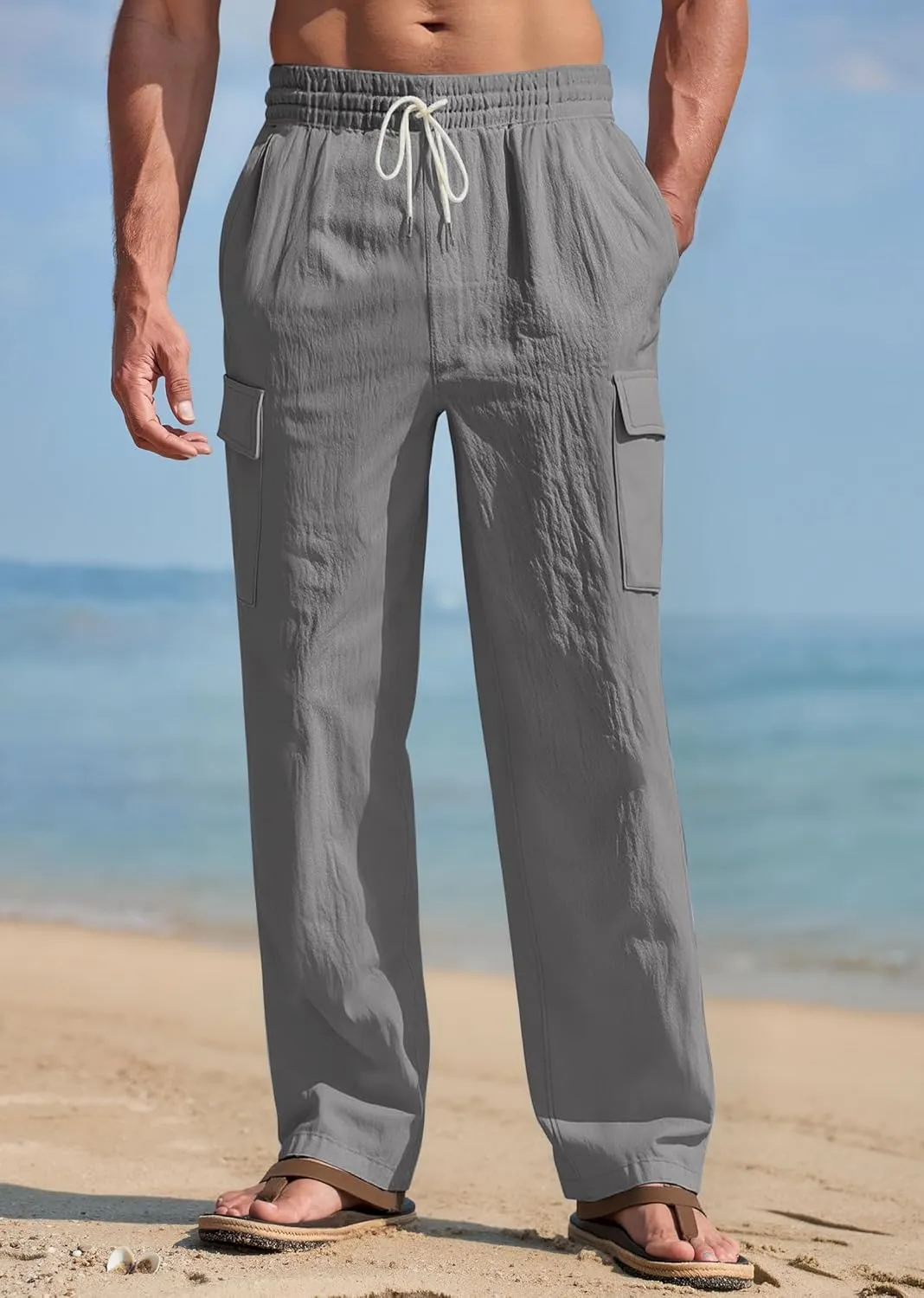 Mens Linen Pants Casual Summer Beach Pants Lightweight Drawstring Yoga Trousers Vacation Cargo Pants with Pockets