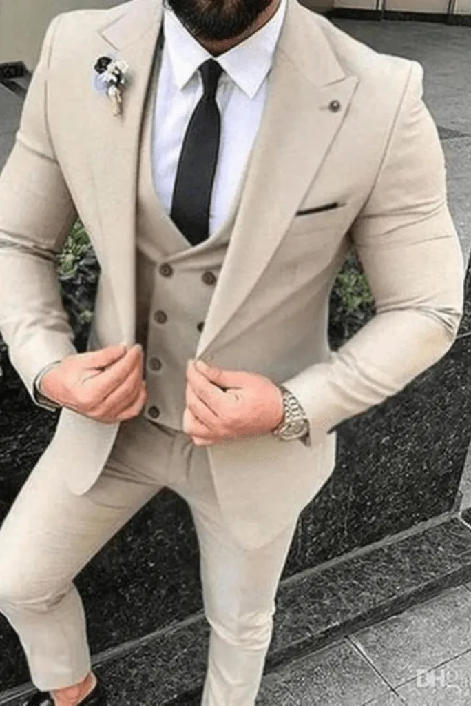 Men's Premium Beige Designer 3 Piece Slim Fit Suit for Men