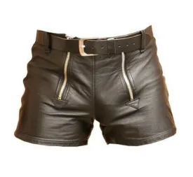 Men's real leather shorts with double zipper & belt Men's real leather shorts with double zipper & belt