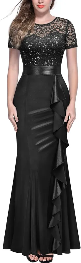 Miusol Women's Elegant Sequin Lace Contrast Ruffle Style Formal Evening Long Dress