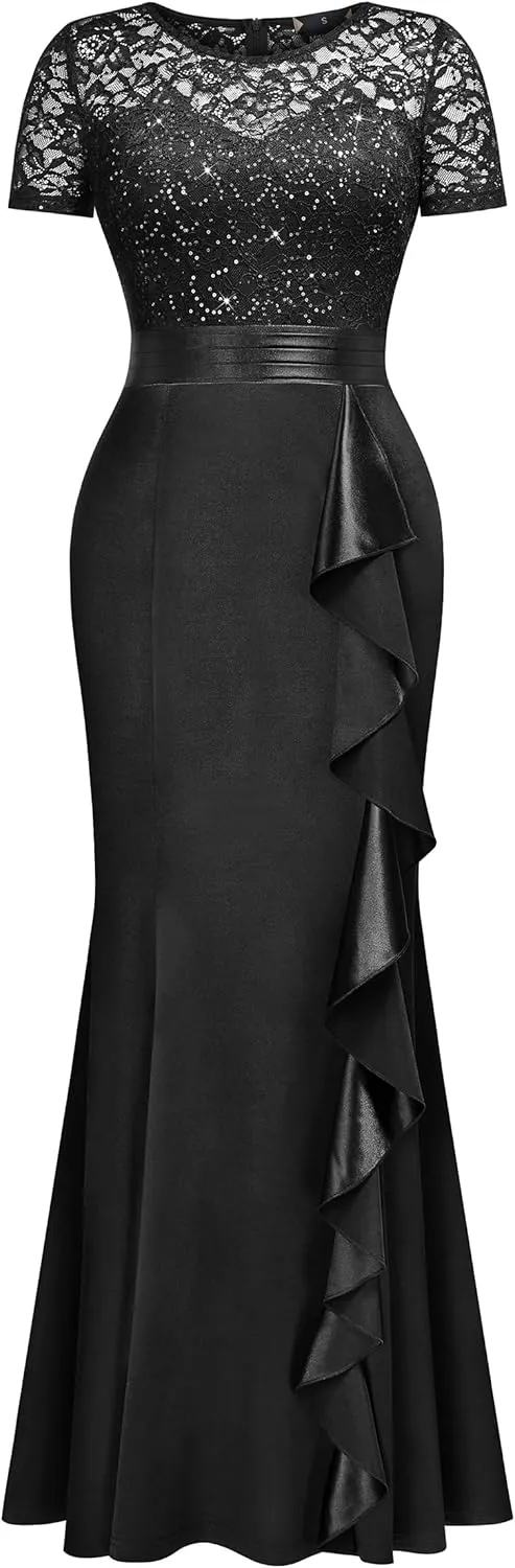 Miusol Women's Elegant Sequin Lace Contrast Ruffle Style Formal Evening Long Dress