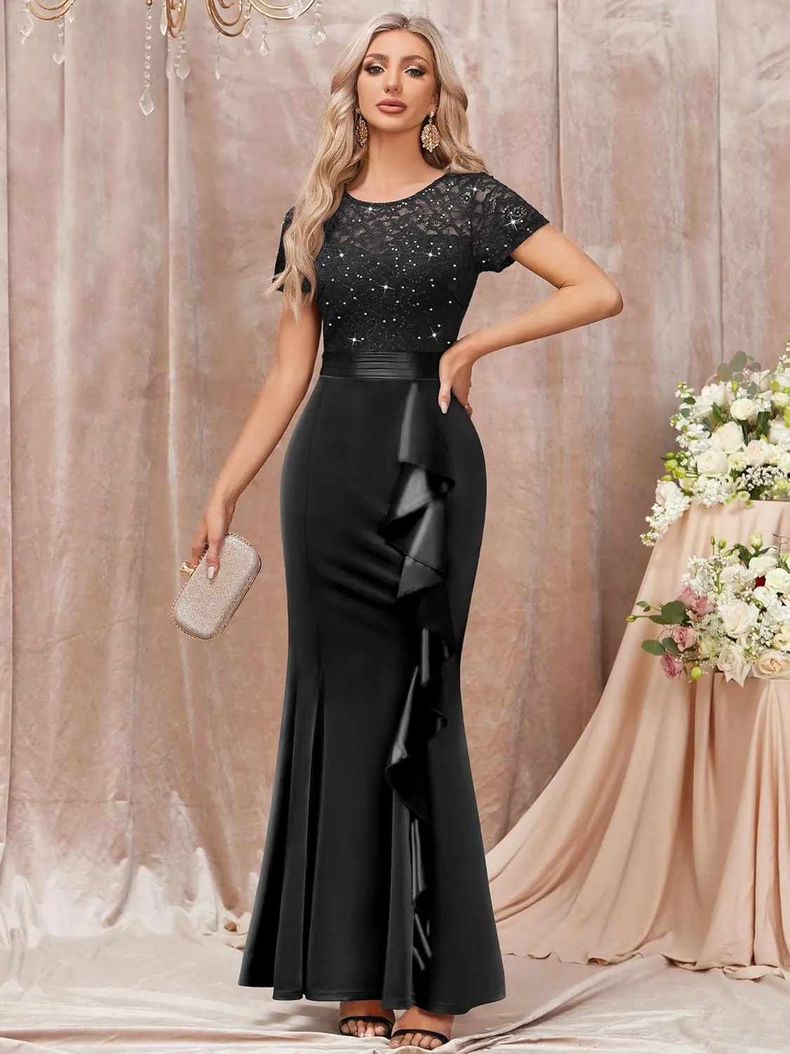 Miusol Women's Elegant Sequin Lace Contrast Ruffle Style Formal Evening Long Dress