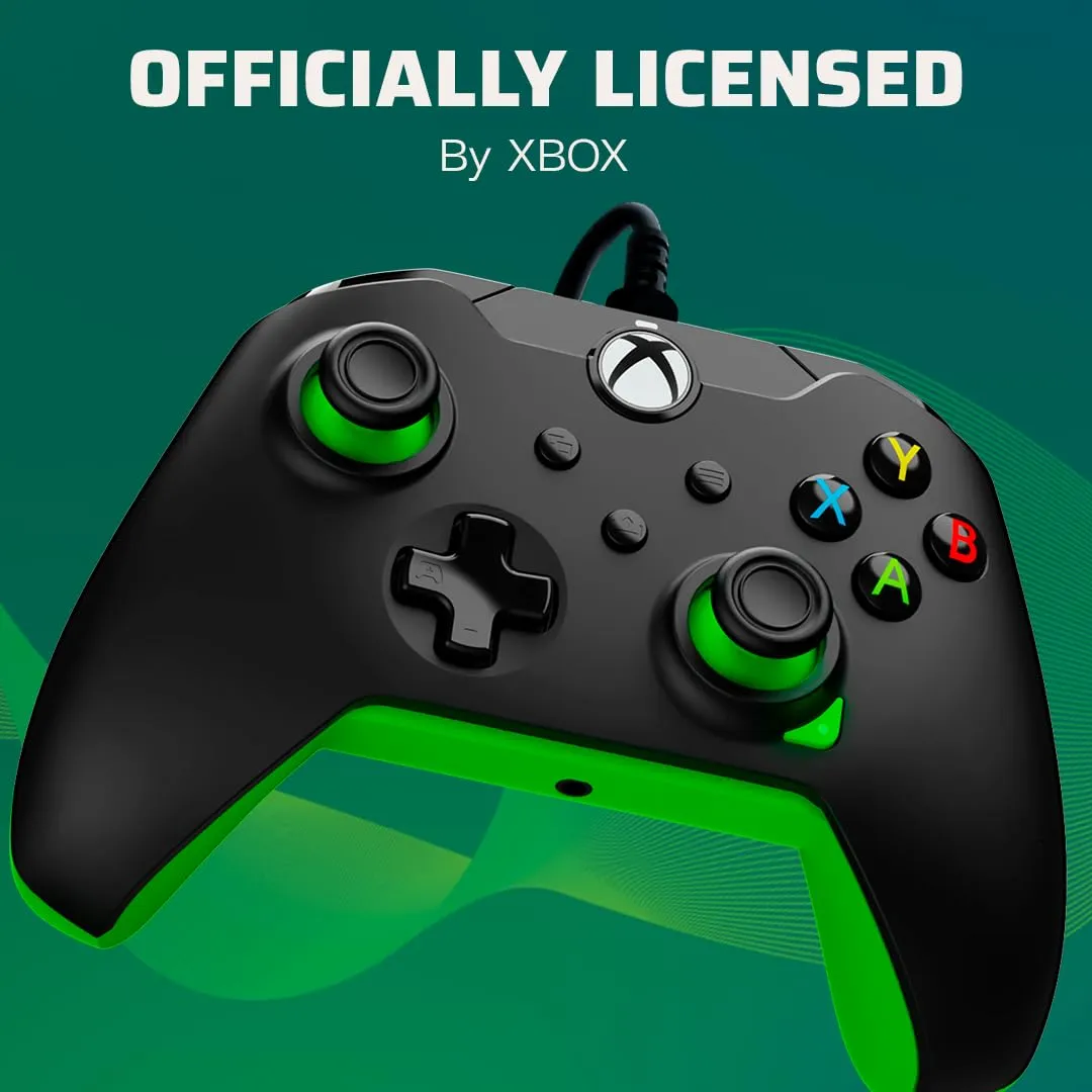 PDP Wired Xbox Gaming Controller: Gamepad Licensed for Xbox Series X|S, Xbox One, Windows PC, Audio Controls, 8ft Cable, 3.5mm jack, Mappable Buttons/Triggers, Companion App: Neon Black (Black/Green)