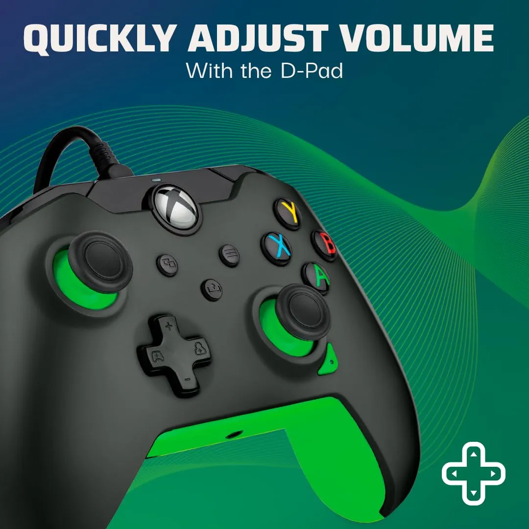 PDP Wired Xbox Gaming Controller: Gamepad Licensed for Xbox Series X|S, Xbox One, Windows PC, Audio Controls, 8ft Cable, 3.5mm jack, Mappable Buttons/Triggers, Companion App: Neon Black (Black/Green)