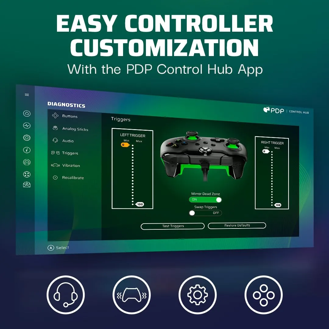 PDP Wired Xbox Gaming Controller: Gamepad Licensed for Xbox Series X|S, Xbox One, Windows PC, Audio Controls, 8ft Cable, 3.5mm jack, Mappable Buttons/Triggers, Companion App: Neon Black (Black/Green)