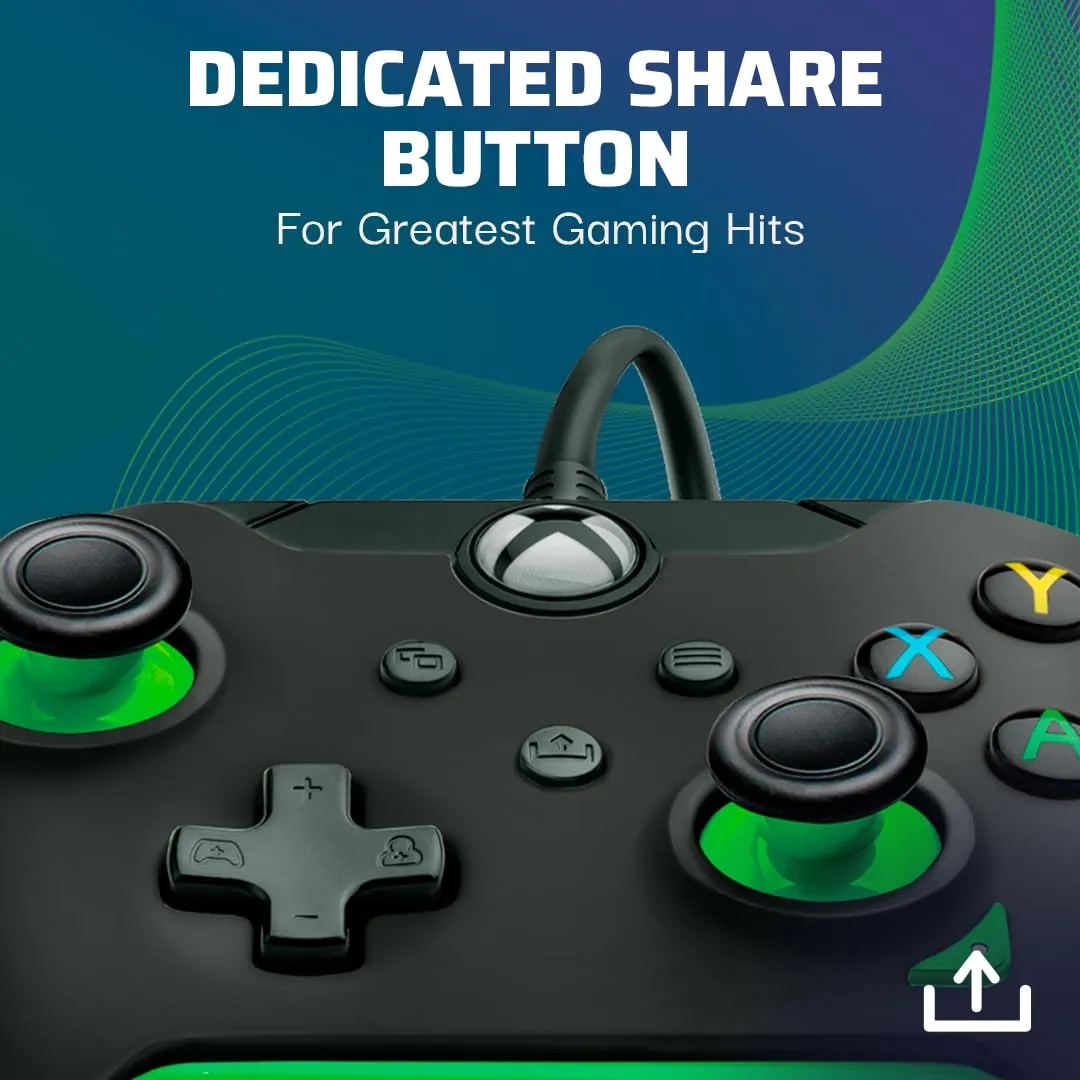 PDP Wired Xbox Gaming Controller: Gamepad Licensed for Xbox Series X|S, Xbox One, Windows PC, Audio Controls, 8ft Cable, 3.5mm jack, Mappable Buttons/Triggers, Companion App: Neon Black (Black/Green)