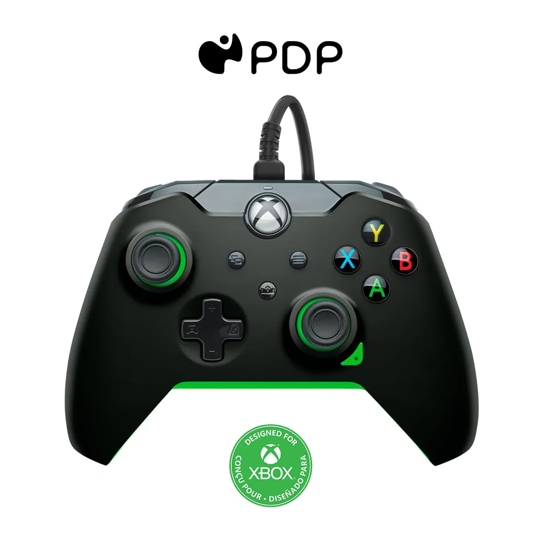 PDP Wired Xbox Gaming Controller: Gamepad Licensed for Xbox Series X|S, Xbox One, Windows PC, Audio Controls, 8ft Cable, 3.5mm jack, Mappable Buttons/Triggers, Companion App: Neon Black (Black/Green)