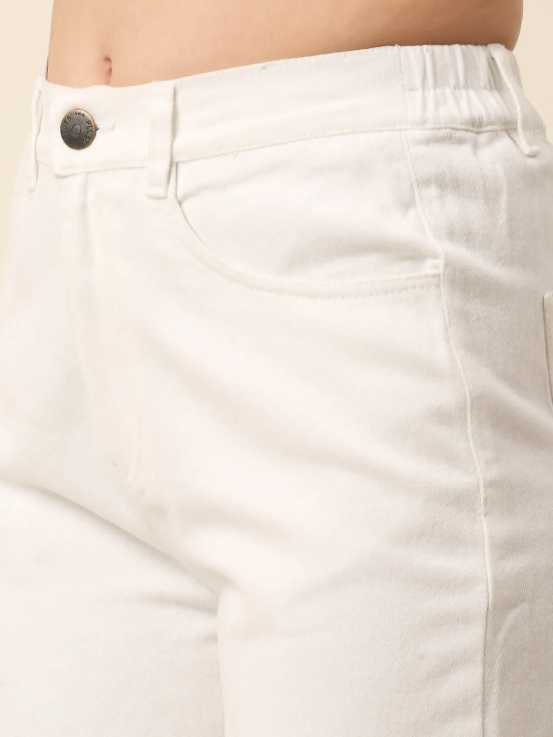 plusS Women White Regular Fit, Mid-Rise Stretchable Cotton Jeans