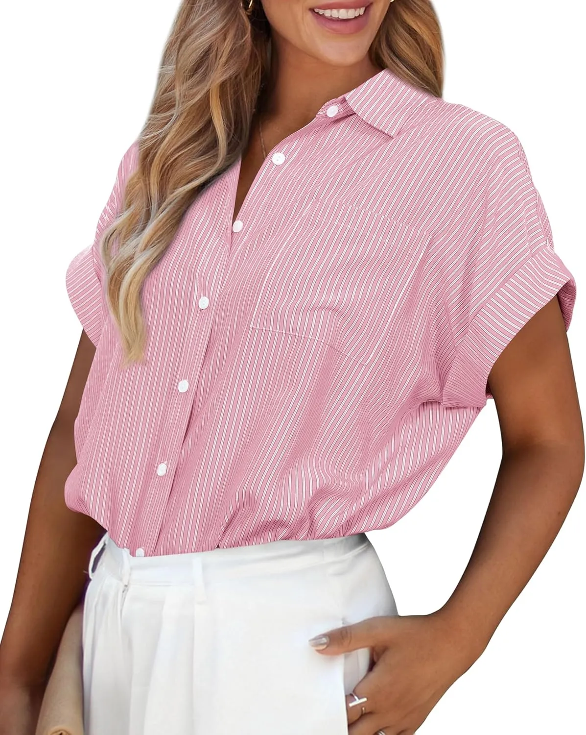 PRETTYGARDEN Striped Shirts Button Up Tops for Women 2025 Summer Short Sleeve V Neck Dressy Casual Blouse