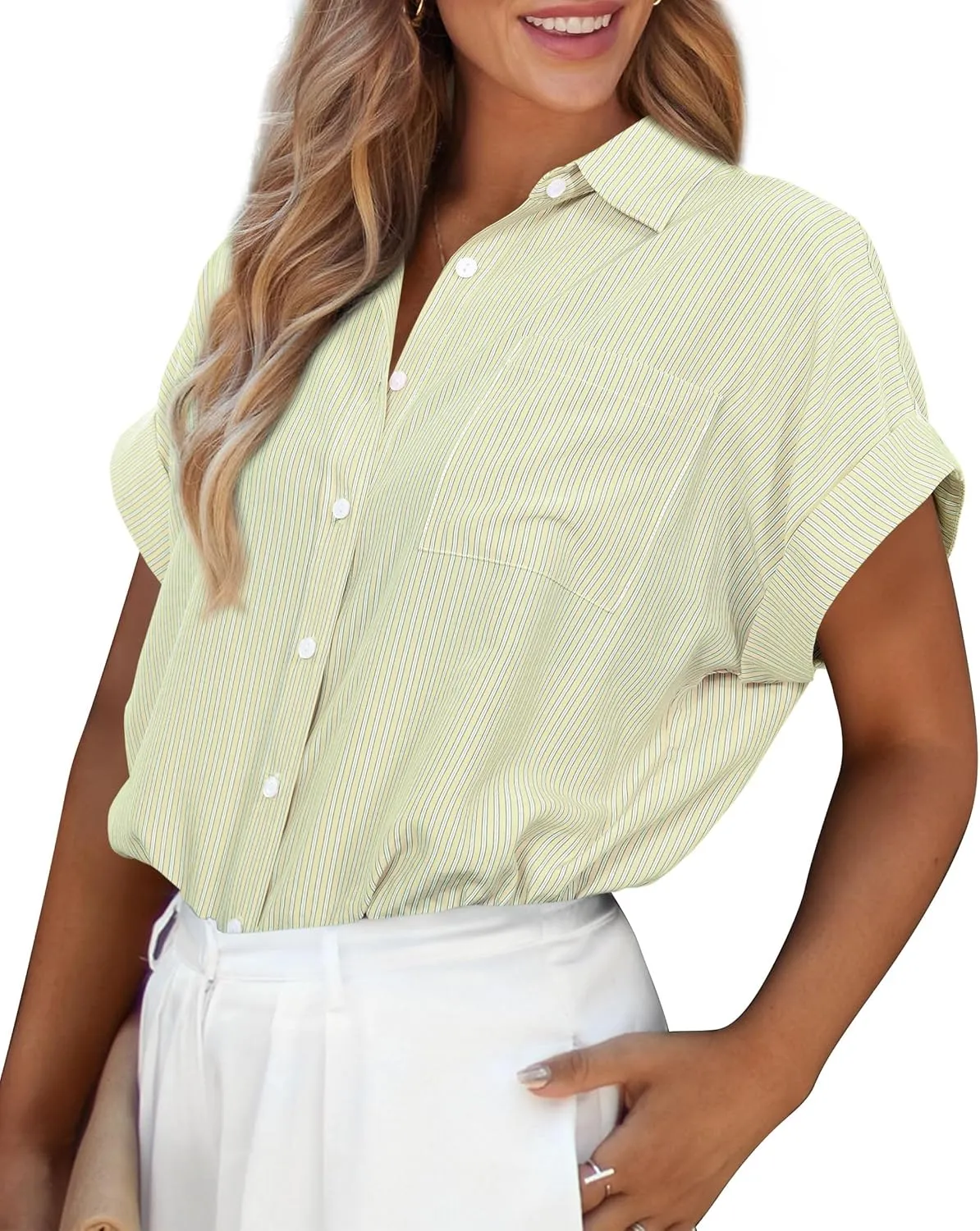 PRETTYGARDEN Striped Shirts Button Up Tops for Women 2025 Summer Short Sleeve V Neck Dressy Casual Blouse