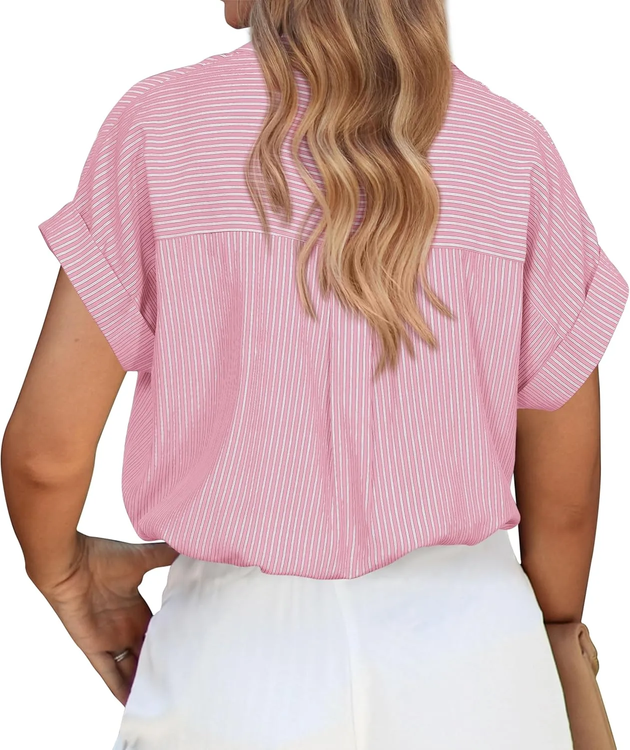 PRETTYGARDEN Striped Shirts Button Up Tops for Women 2025 Summer Short Sleeve V Neck Dressy Casual Blouse