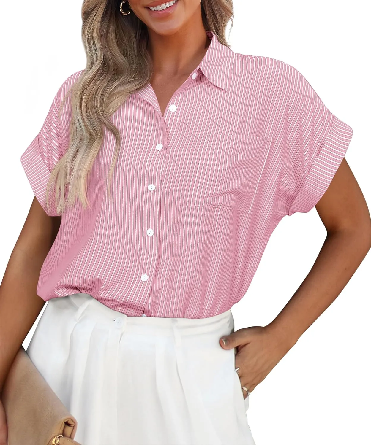 PRETTYGARDEN Striped Shirts Button Up Tops for Women 2025 Summer Short Sleeve V Neck Dressy Casual Blouse