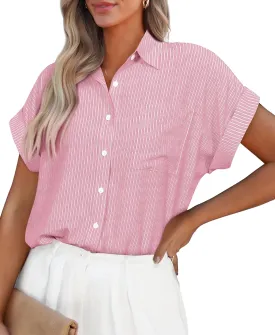PRETTYGARDEN Striped Shirts Button Up Tops for Women 2025 Summer Short Sleeve V Neck Dressy Casual Blouse