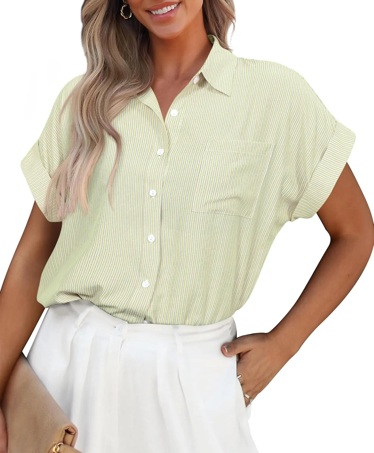 PRETTYGARDEN Striped Shirts Button Up Tops for Women 2025 Summer Short Sleeve V Neck Dressy Casual Blouse