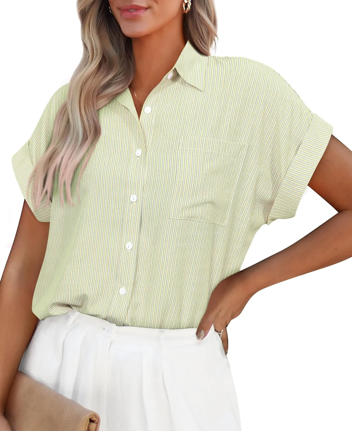 PRETTYGARDEN Striped Shirts Button Up Tops for Women 2025 Summer Short Sleeve V Neck Dressy Casual Blouse