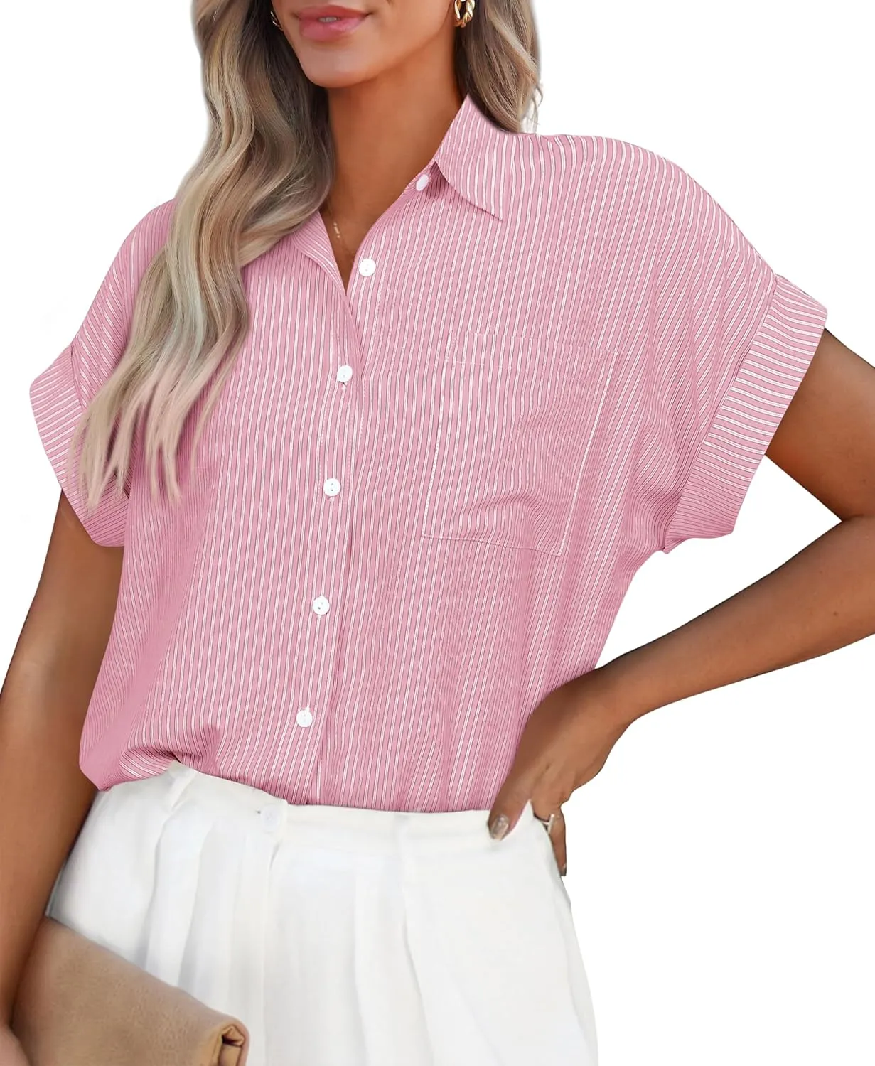 PRETTYGARDEN Striped Shirts Button Up Tops for Women 2025 Summer Short Sleeve V Neck Dressy Casual Blouse