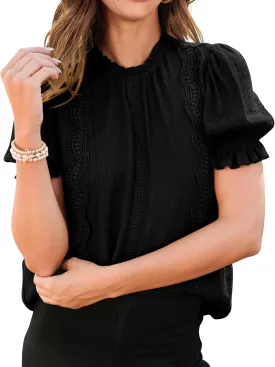 PRETTYGARDEN Womens Summer Tops 2025 Trendy Mock Neck Puff Sleeve Blouse Dressy Casual Business Western Shirts Spring Clothes
