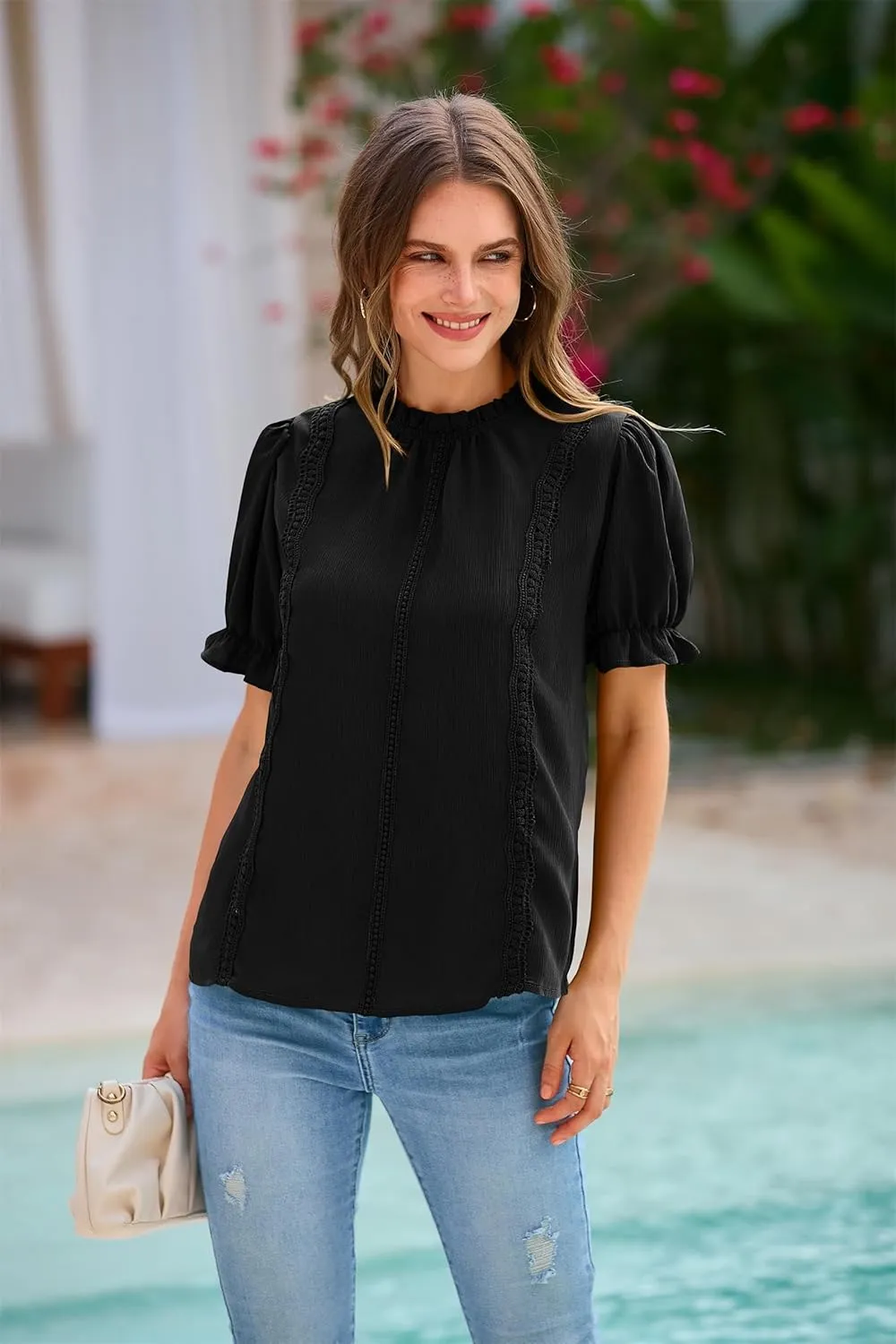 PRETTYGARDEN Womens Summer Tops 2025 Trendy Mock Neck Puff Sleeve Blouse Dressy Casual Business Western Shirts Spring Clothes