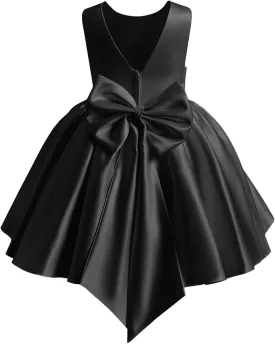 Satin Flower Girl Dress Knee Length Short First Communion Dresses for Girls Kids Bow-Knot Princess Birthday Gowns