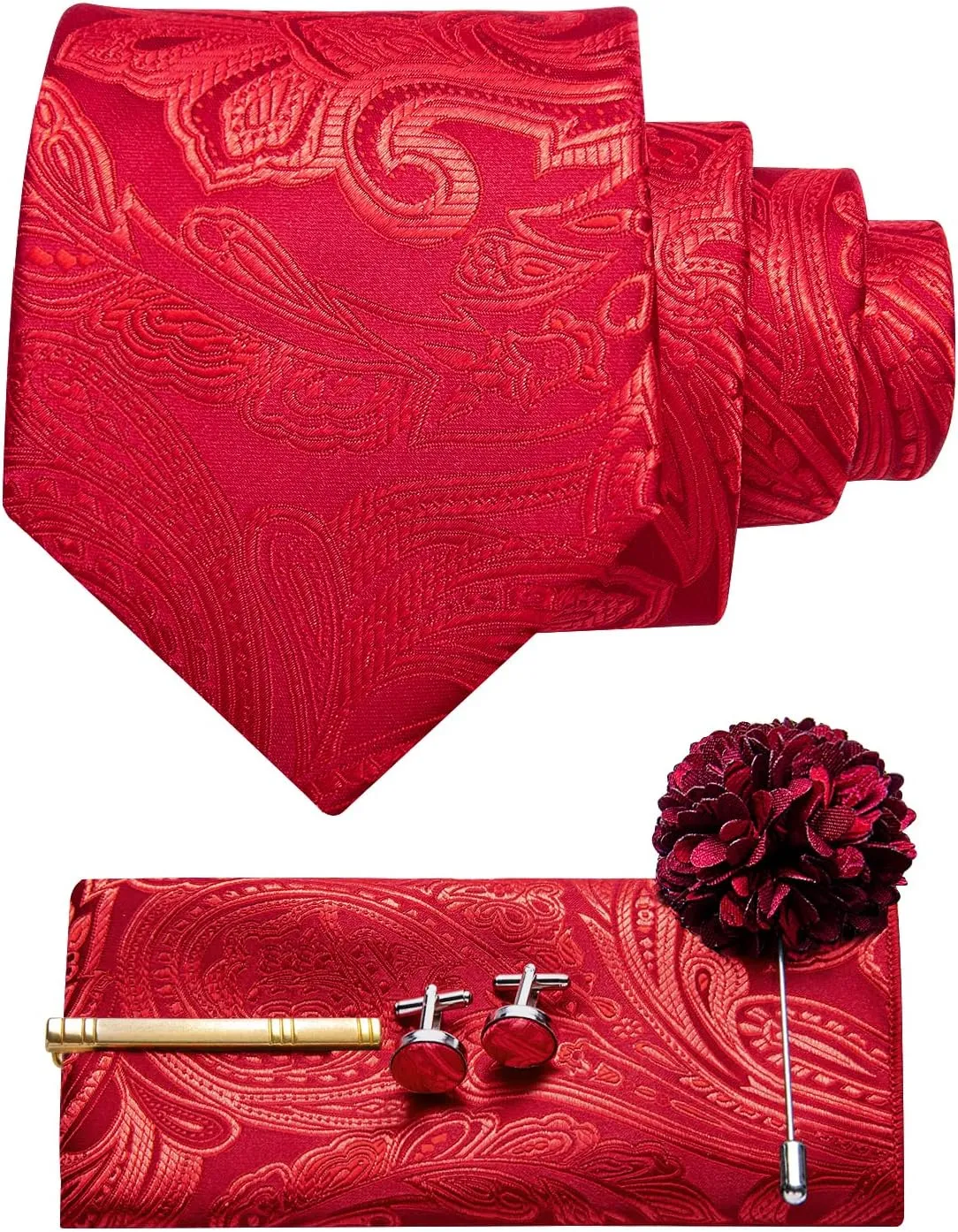 Silk Tie for Men Paisley Necktie Pocket Square Cufflinks Tie Clip Lapel Pin Brooch Set Wedding Business Party
