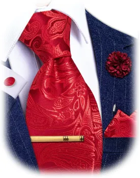 Silk Tie for Men Paisley Necktie Pocket Square Cufflinks Tie Clip Lapel Pin Brooch Set Wedding Business Party