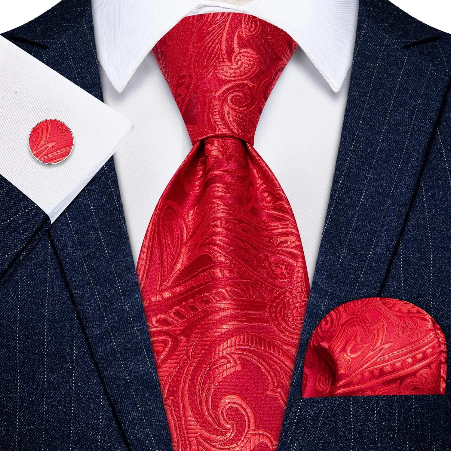 Silk Tie for Men Paisley Necktie Pocket Square Cufflinks Tie Clip Lapel Pin Brooch Set Wedding Business Party