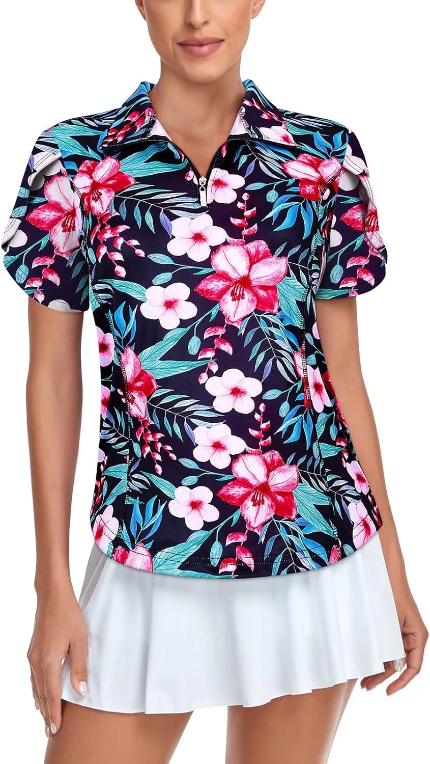 Tanst Sky Womens Golf Shirts Zip Up Overlap Short Sleeve Workout Tops Quick Dry Tennis Shirt