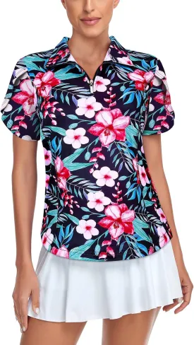 Tanst Sky Womens Golf Shirts Zip Up Overlap Short Sleeve Workout Tops Quick Dry Tennis Shirt