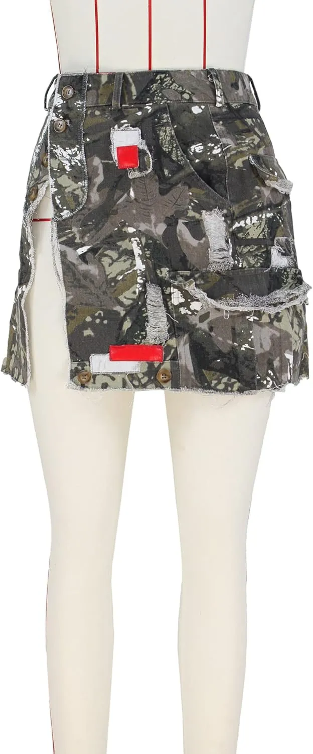 Women Mini Skirt Camo Cargo Skirt Sexy High Split Mini Skirt for Women Novelty Skirts Denim Skirt