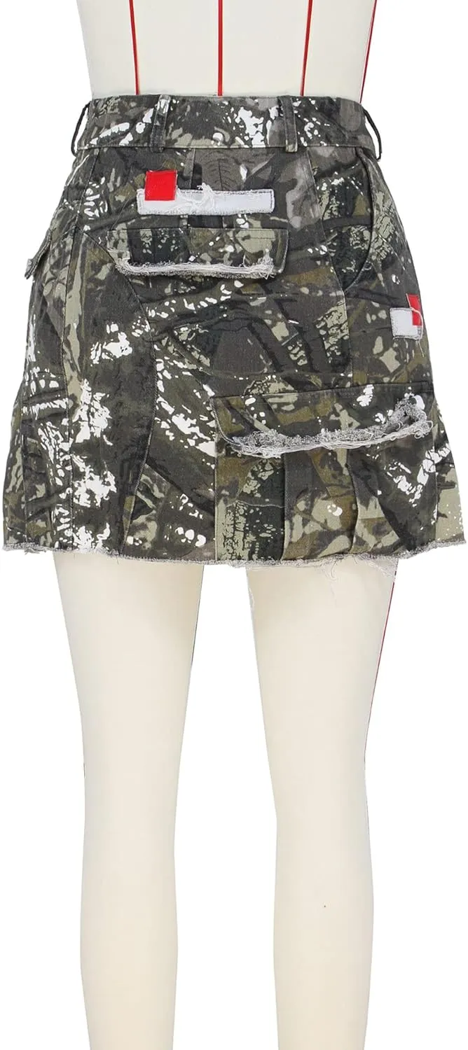 Women Mini Skirt Camo Cargo Skirt Sexy High Split Mini Skirt for Women Novelty Skirts Denim Skirt