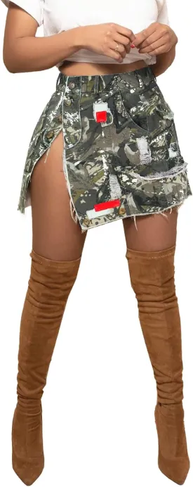 Women Mini Skirt Camo Cargo Skirt Sexy High Split Mini Skirt for Women Novelty Skirts Denim Skirt