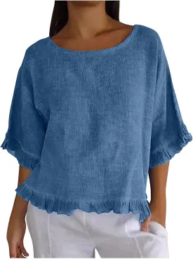 Women Round Neck Ruffled Hem Sleeve Shirts Cotton and Linen Top, Casual Short Sleeve Blouses Linen Tops for Women