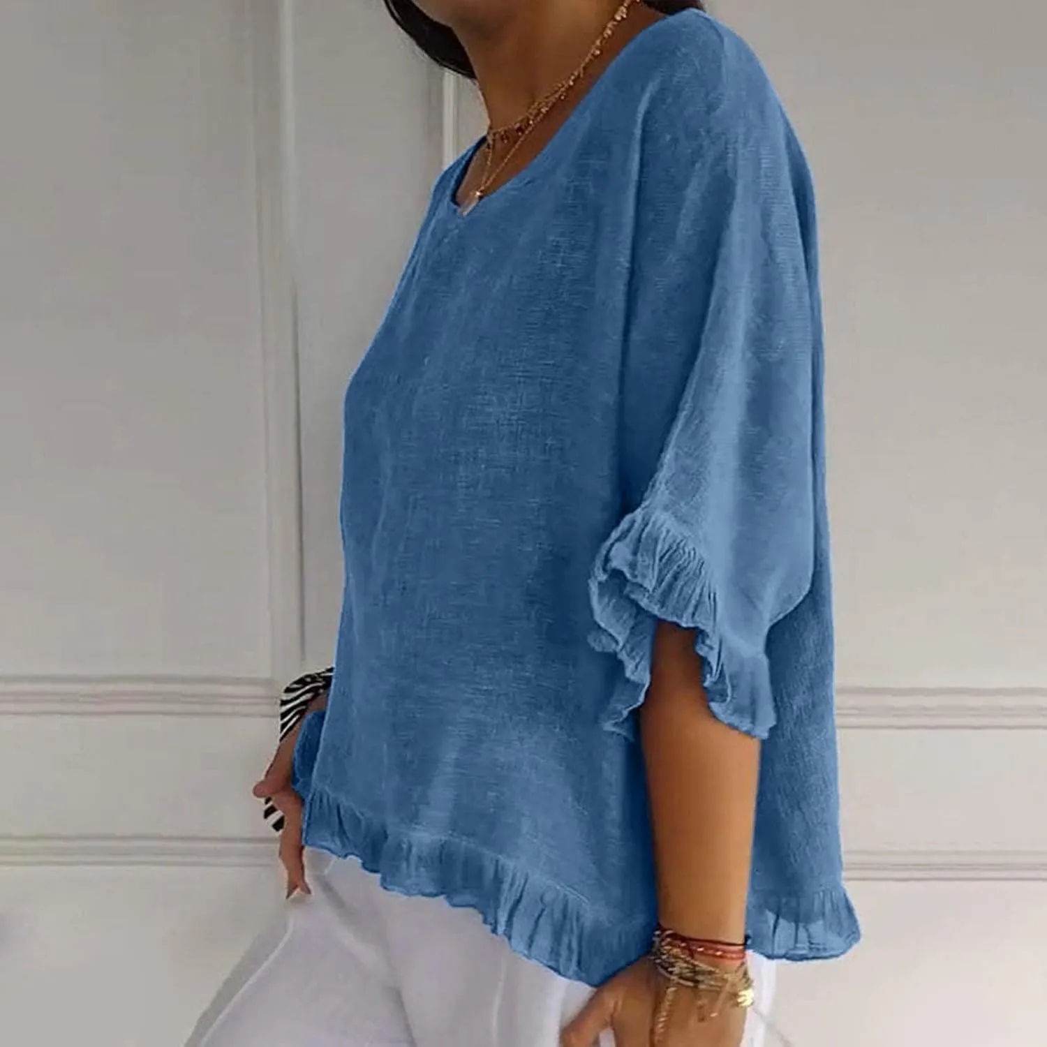 Women Round Neck Ruffled Hem Sleeve Shirts Cotton and Linen Top, Casual Short Sleeve Blouses Linen Tops for Women