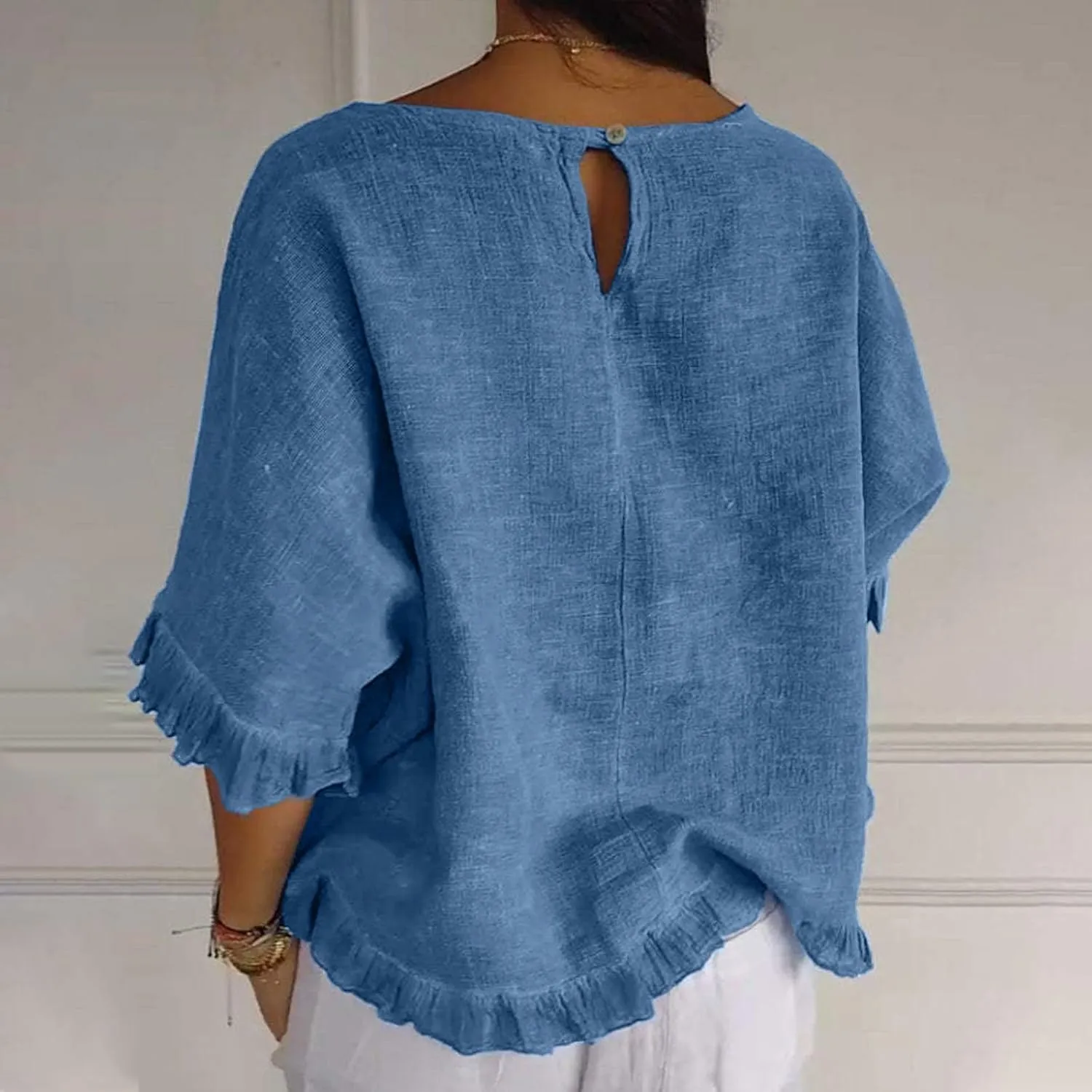 Women Round Neck Ruffled Hem Sleeve Shirts Cotton and Linen Top, Casual Short Sleeve Blouses Linen Tops for Women