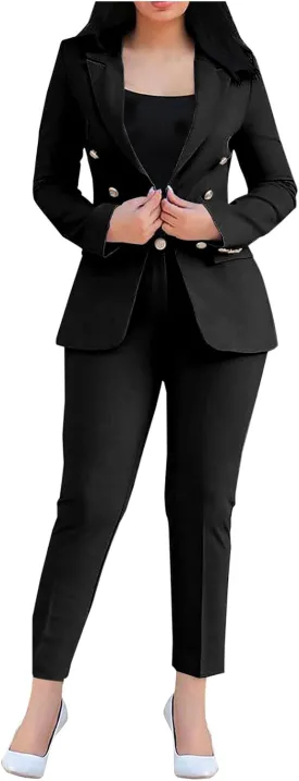Women's 2 Piece Suit Set Double Breasted Blazer Pantsuit Formal Business Outfits Office Wedding Wear Slim Fit