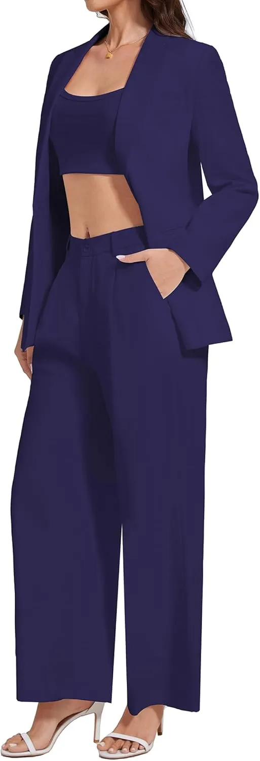 Women's 3 Piece Suit Business Casual One Button Blazer Camisole and Wide Leg Pants Set