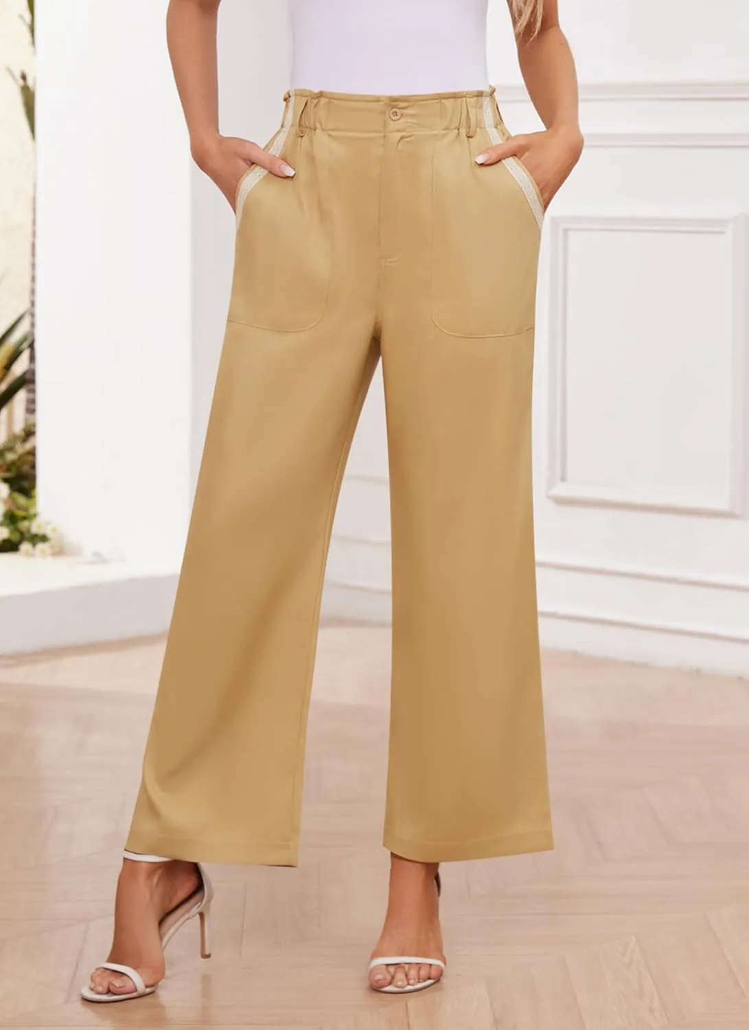 Women's Brown High Waisted Wide Leg Dress Pants - Casual Palazzo Trousers - Medium